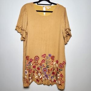 ODDY Cottagecore Embroidered Boho Dress Tunic Mustard Yellow Size XL